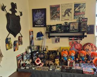 Star Wars, Chucky and Alien movies and figures.