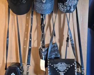 Hats and purses. One Harley Davidson.