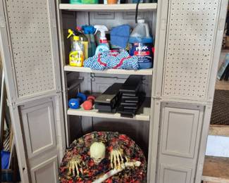 storage cabinet, cleaning products, and gardening products.