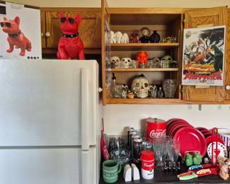 Dog speaker, Coca Cola items, knives, salt and pepper, skulls...