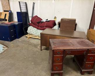 Futon, desk, file cabinets, desk chairs 