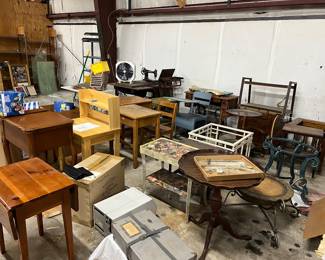 Tables, desk, shelving, sewing machines. Table and chairs 