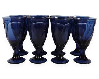 A Set of Eight Cobalt Blue Pressed Glass Sweet Swirl Water Goblets