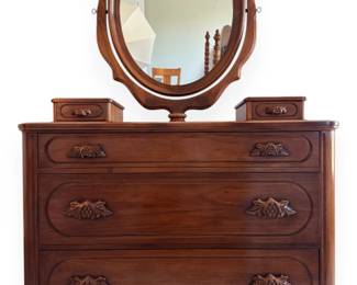 Victorian Style Walnut Dresser with Tilting Mirror and Carved Foliate Pulls