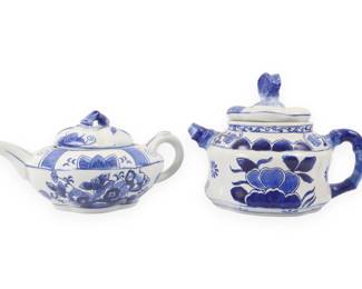Two Blue and White Hand Painted Porcelain Teapots with Floral Decoration