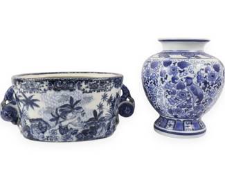 Two Blue and White Ceramic Vessels comprising an Earthenware Cachepot and a Porcelain Vase