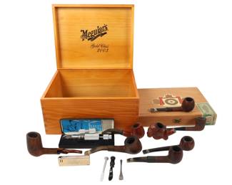 An Assortment of Vintage Smoking Pipes and Accessories with Branded Wooden Boxes