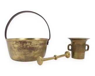 A Trio of Antique Brass Utilitarian Items Including a Large Pail, Mortar, and Pestle