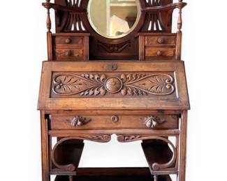 Late Victorian Carved Walnut Fall-Front Secretary Desk
