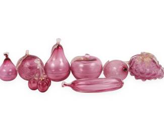 A Lot of Eight Pink Art Glass Fruit Figurines