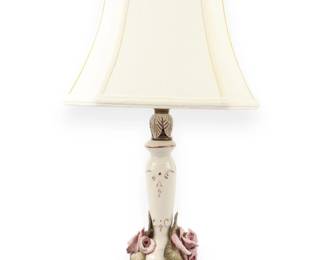 Vintage Floral Porcelain Table Lamp with Applied Pink Roses and Cast Metal Base