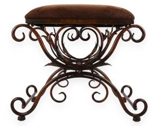 Vintage Neoclassical Wrought Iron Curule Style Vanity Stool