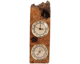 Charles Elkan Signed Burl Wood Desk Clock and Barometer Set