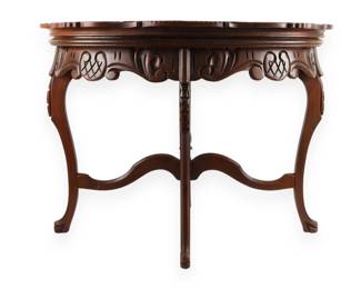 Oval Carved Wood Coffee Table with Figural Relief Plaque and Glass Top