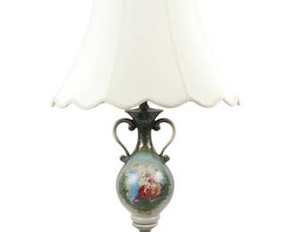 Classical Revival Dual Handled Porcelain and Gilt Metal Table Lamp