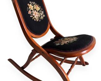 Victorian Style Folding Rocking Chair with Needlepoint Upholstery