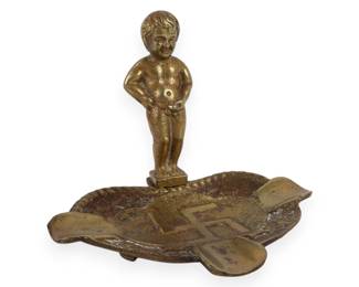 Allied Liberation Satirical Brass Ashtray Featuring Manneken Pis and Swastika