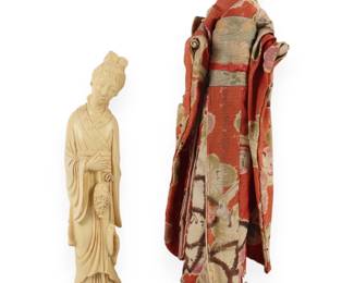 Two Decorative Asian Figures Including Carved Statuette and Fabric Japanese Ningyo Doll