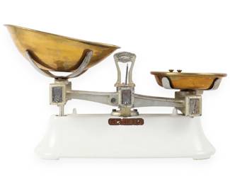 Antique Cast Metal and Enamel Balance Scale with Seven Brass Weights