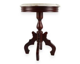 Victorian Style Dark Stained Pedestal Side Table with Circular Marble Top