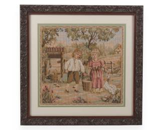Framed Needlepoint Pastoral Genre Scene
