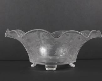 11 Inch Acid Etched Glass Console Bowl with Ruffled Rim and Four Feet