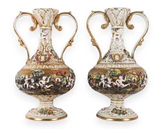 A Pair of Capodimonte Polychrome and Gilded Two-Handle Porcelain Vases