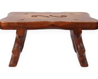 American Folk Art Hand Carved Solid Wood Footstool Dated 1964