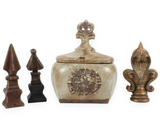 A Group of Neoclassical and French Country Style Decorative Ornaments and Lidded Ceramic Vessel