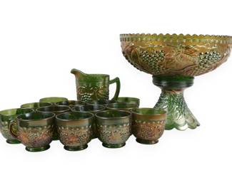 15-Piece Green Iridescent Carnival Glass Punch Set in a Grape Pattern