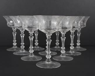A Set of Ten Cambridge Rose Point Crystal Champagne Tall Sherbet Glasses