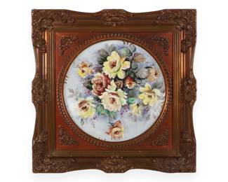 Hand Painted Porcelain Rose Still Life in Ornate Gilt Frame
