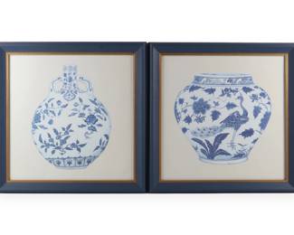 A Pair of Framed Watercolors of Ming-Style Blue and White Porcelains