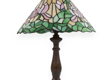 Floral Leaded Stained Glass Table Lamp on Cast Metal Base