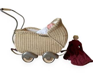 Wicker Doll Carriage and Two Dolls