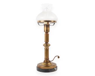 Neoclassical Style Brass Tone and Marble Table Lamp with Etched Glass Shade