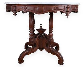 Victorian Renaissance Revival Carved Walnut and Marble Turtle Top Parlor Table