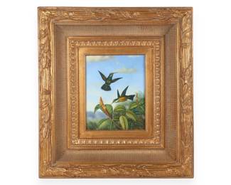 Naturalistic Oil on Canvas Painting of Hummingbirds and Tropical Flora in Ornate Gilded Frame