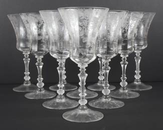 Set of Ten Cambridge Rose Point Etched Clear Glass Goblets