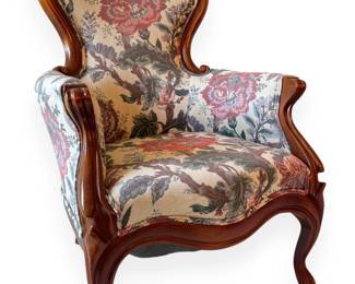 French Provincial Style Carved Wood Armchair with Floral Tapestry Upholstery