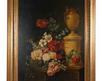 Large Floral Still Life Oil Painting on Canvas in Gilt Frame