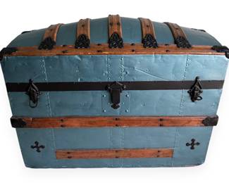 Refinished Victorian Sheet Metal and Oak Slat Dome Top Trunk