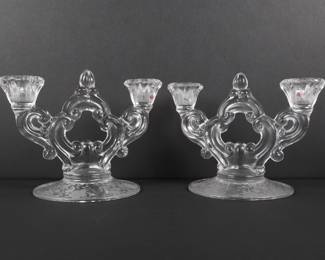 A Pair of Two-Light Floral Etched Clear Glass Candelabra