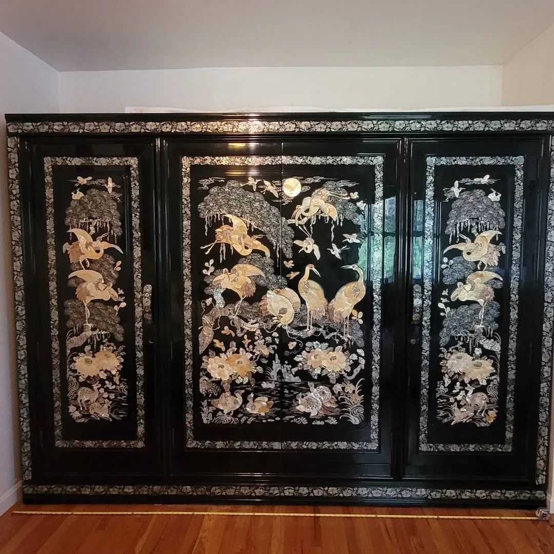 01 Korean Mother of Pearl Lacquer Wardrobe Cabinet, Wall Unit Abalone Inlay