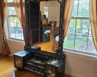  02 Korean Mother of Pearl Inlay Lacquer Dressing Table w Mirror