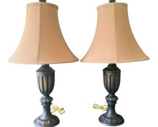 Wood Lamp Pair With Cloth Shades