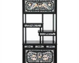 Vintage Korean Black Lacquer MotherofPearl Display Cabinet  Abalone Inlay