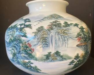 Large Asian Landscape Pottery Vase 12 H x 14 W