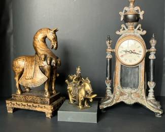 Bronzed Styled Horse Figures And Mantle Clock