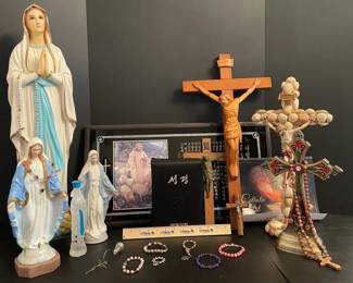 Lot of Religious Memorabilia Crosses, Statues, Jewelry, Bible